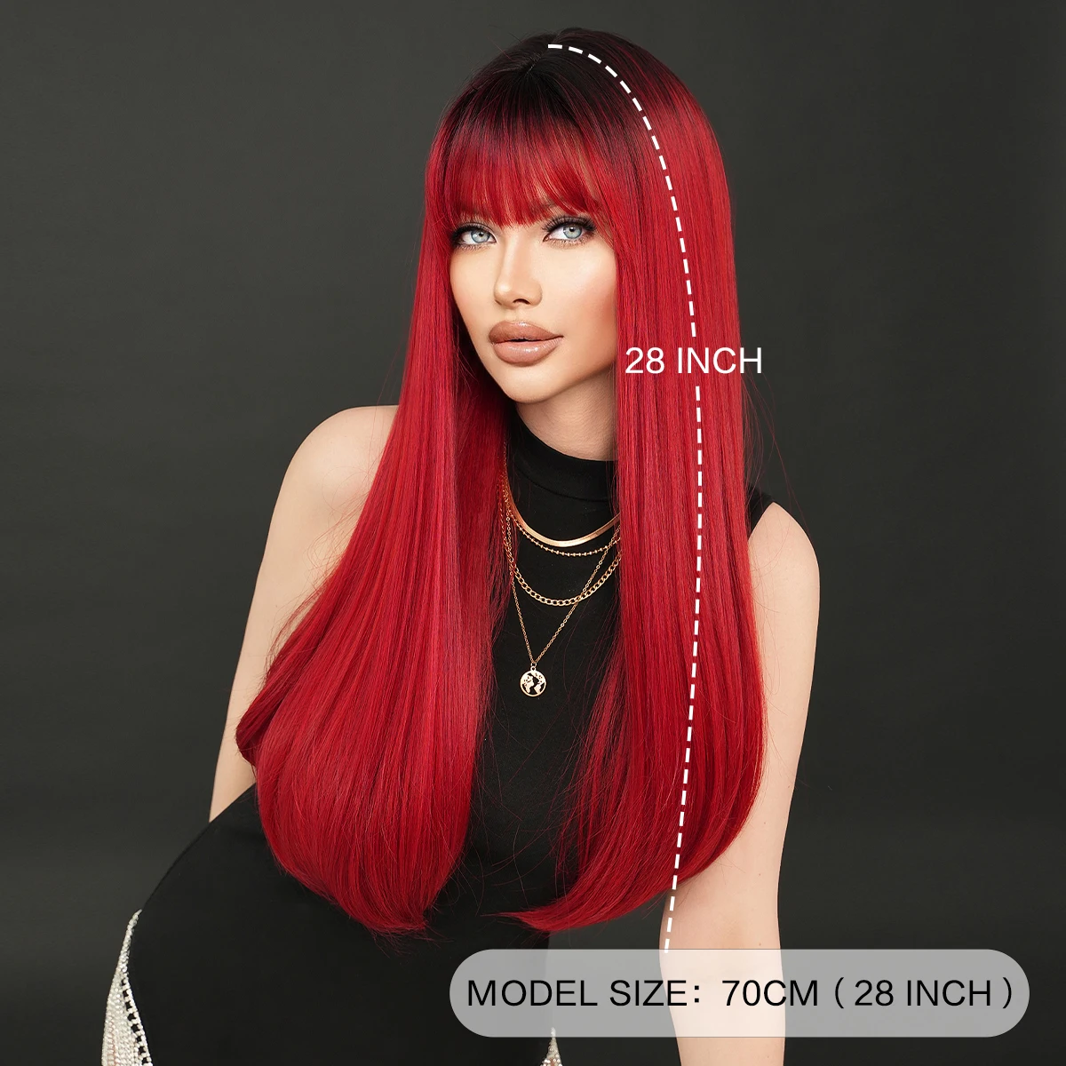 Long Straight Dark Red Wig with Bangs - Heat Resistant display picture 2