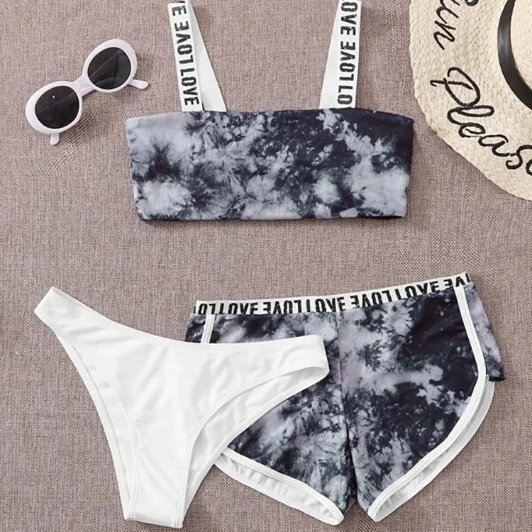 Young Girl Sexy School Girl Bikini 3pack Tie Dye Rib Letter Tape Bikini