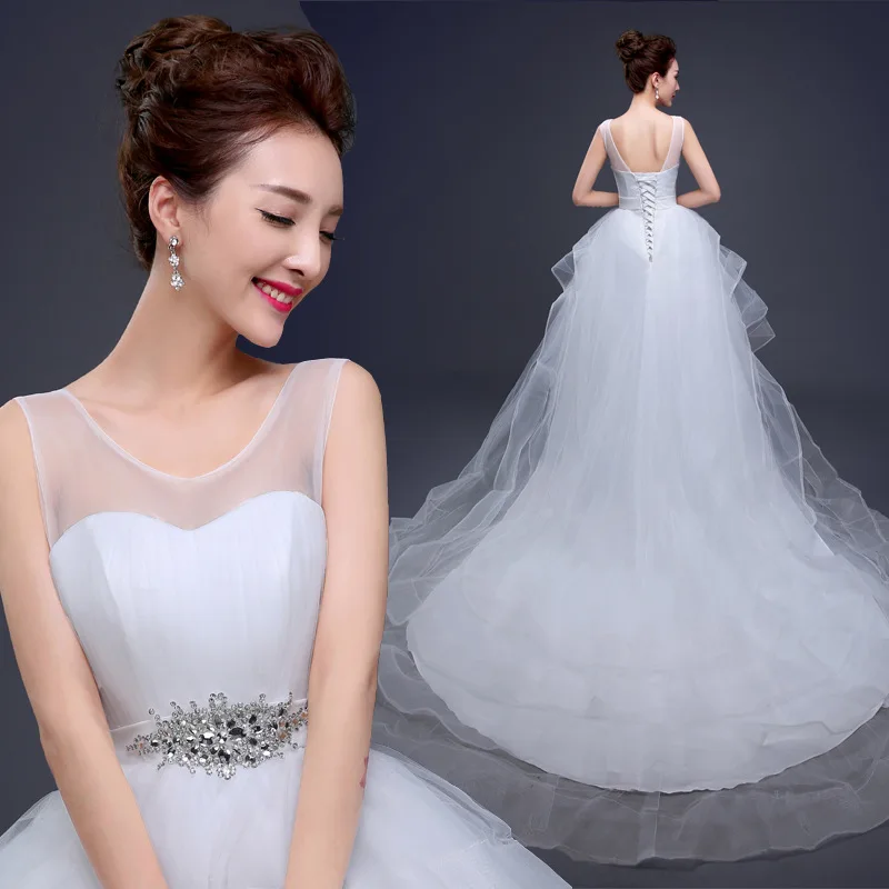 2019 New Korea Style Sexy Front Short Back Long Sleeveless Princess Lace High Low Wedding Dresses With Long Tail