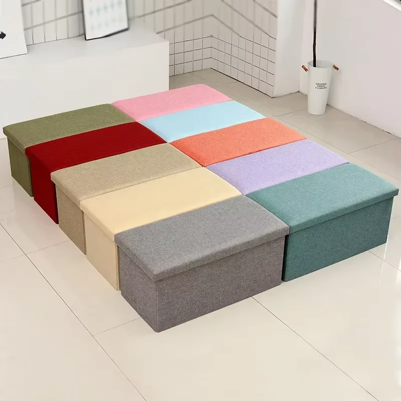 Hot-selling Modern Multifunctional Rectangle Grey Cotton Linen Folding Storage Ottoman Stool-Padded Ottoman Bedroom Apartment details