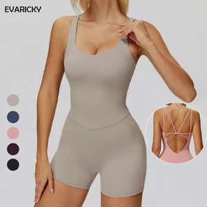 Evaricky Fashion Women's Fitness Workout Romper Yoga Wear Tight Bodysuit Gym Clothing Active Wear One Piece Quick Dry Breathable