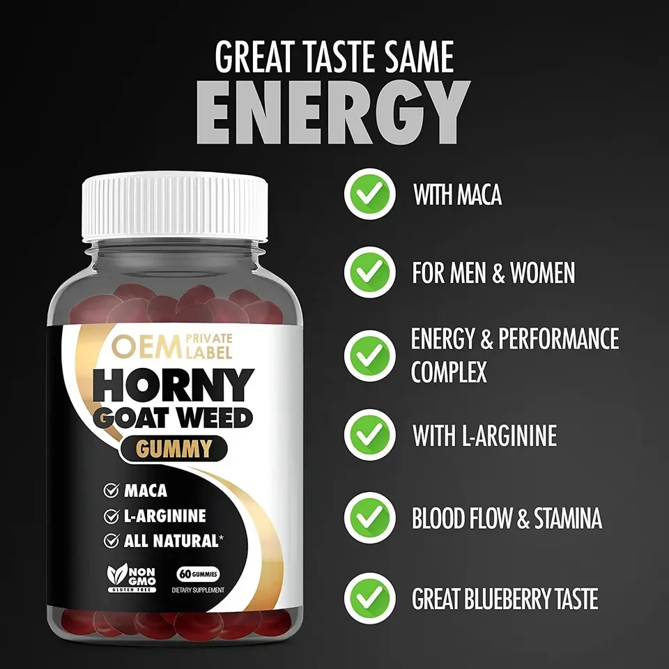 Customized Horny Goat Weed Gummy BCAA L-Arginine Gummies With MACA Gummies Preworkout Vitamin Muscle Growth Sport Supplement supplier