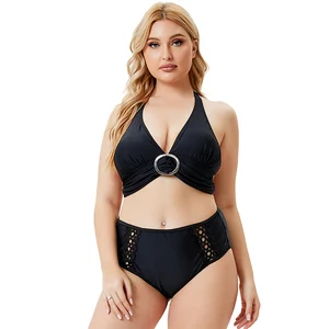 New Design Plain Black Women Bikini High Waist Halter Backless Plus Size Swimsuit Beach Wear with Metal Ring