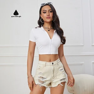 Customize Trendy High Waist Women White Denim Shorts Pant Distressed Stone Washed Summer Casual Women's Denim Shorts