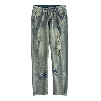 Vintage print jeans men's stretch slim straight European and American personality nostalgic ripped casual trousers