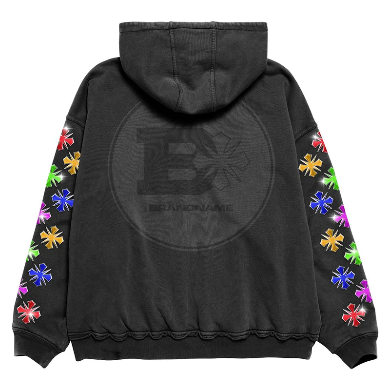 Custom Rhinestone Printing Men's Zip-Up Hoodie with 450grams Fabric Weight and Ribbed Hem Streetwear Tracksuit
