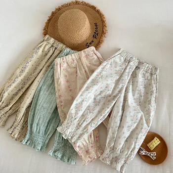 2024 New summer child girl all-match pastoral style multi-color printed bouquet leg anti mosquito pants