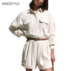 OEM/ODM Women's Cotton and Linen Long Sleeve Jumpsuit with Slim Waist Shorts Bodysuit Genre