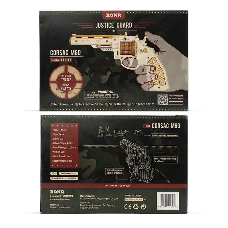 CPC Certificated Robotime Rokr DIY Wooden Gun Toy With Safe Rubber Bullet 3D Puzzles
