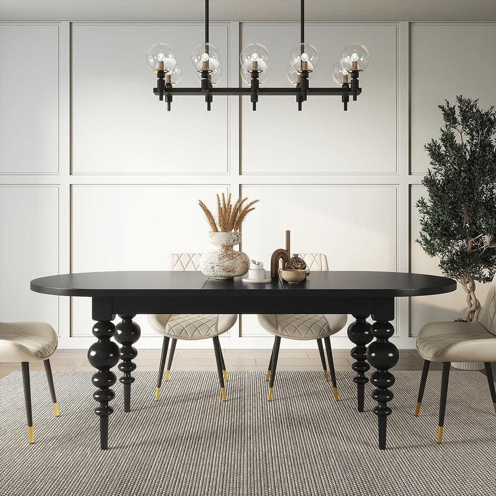 Q&N Black Solid Wood Oval Extendable Dining Table Chairs