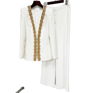 Customize Luxury White Summer Suit Set Gold Embellished Blazer Wide Leg Pants-Eco-Friendly Breathable Elegant Formal Two-Piece