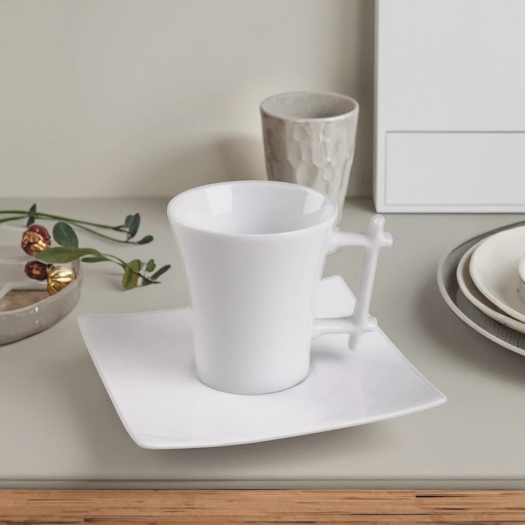 2025 Hot Selling Square Shape Cheap Handmade Ceramic Mug Porcelain Coffee Cup With Saucer for Gift Set