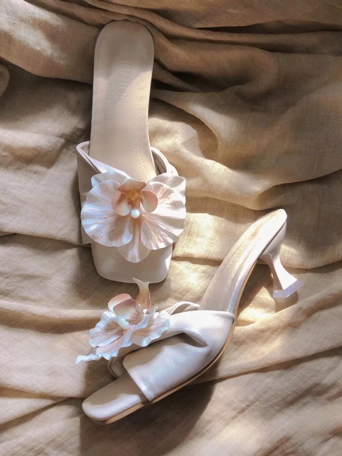 Color Luxury Girls Summer Thin Heel Slide Shoes Square Toe Orchid Flower Women Sandal Low Heels - Image 2