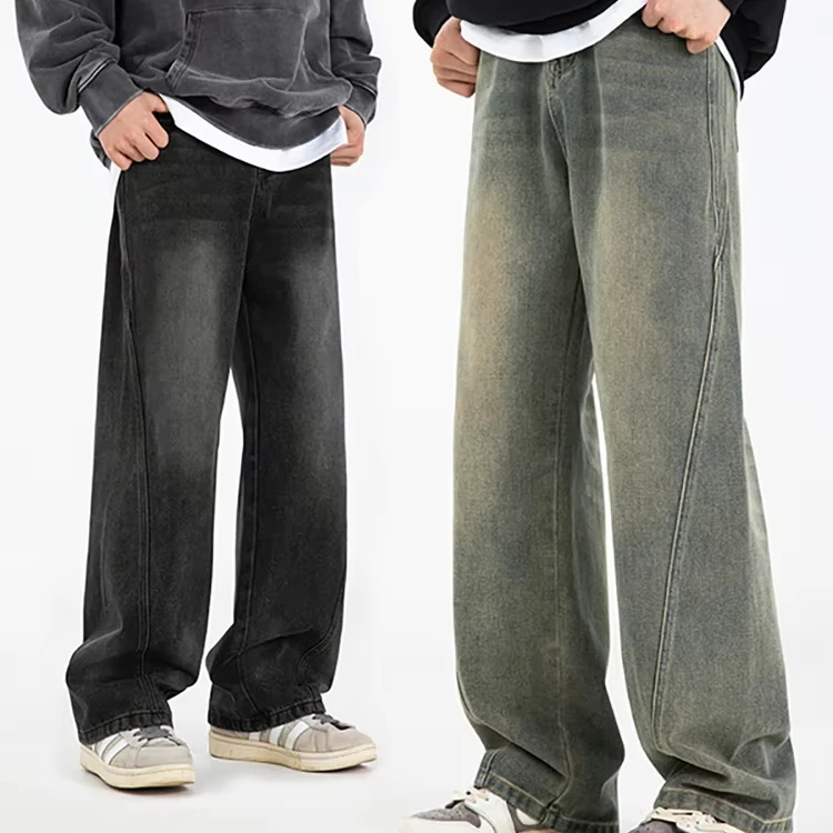 Men's Trendy Retro Slim Distressed Light Mid Waist Jeans Y2K High Printed Denim Fabric Loose Casual Style Wide Leg for Autumn
