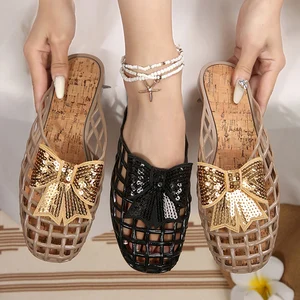 Wholesale Factory Price Roman Soft Mules Women Slippers Comfortable Open Toe Bow Decoration Flat Jelly Shoes