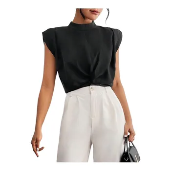 Women's Elegant INS Solid Color Stand Collar Twist-Front Wide Shoulder Shirt for Daily Commute or Holiday Dates