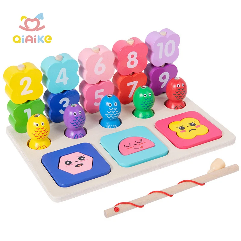 Montessori-inspirierte Holz-Sortier- und Stapelbausteine Puzzles 3-in-1 Angelspiel für Babys Kleinkinder Frühkindliches Lernspielzeug