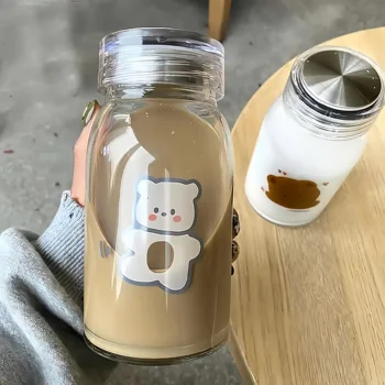 New customizable 450ml cartoon cute bear glass water bottle eco glass bottle