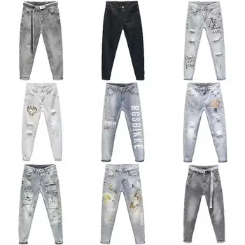 High Street Fashion Mens Jeans Letter Embroidery Designer Oil Paint Drawing Printed Jeans Men Punk Pants Skinny Hip Hop Jeans