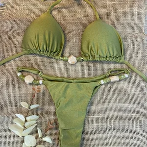 Solid Color Three-Point V-neck Bikini Set for Women 2-Piece with Drawstring and Decorative Beads Spandex/Polyester