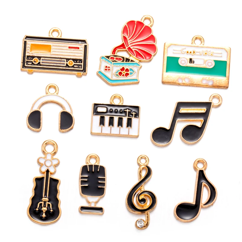 10 Styles Enamel Musical Note Charms Guitar Keyboard Instruments Pendants for Earrings Necklace DIY Jewelry Making W347