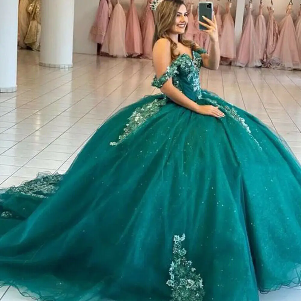 Glitter Tulle Green Quinceanera Dresses Off Shoulder Beaded Applique