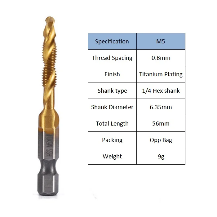 6pc Short Compound Tap Bits Titanium M3 M4 M5 M6 M8 M10 Metric Drill ...