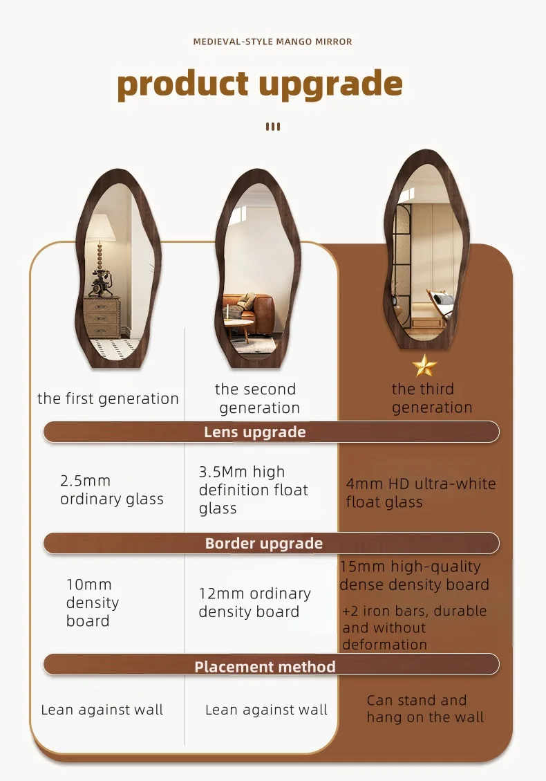 Solid wood base MDF frame full size standing floor home decor retro style long mirror living room salon mirror spiegel espejo