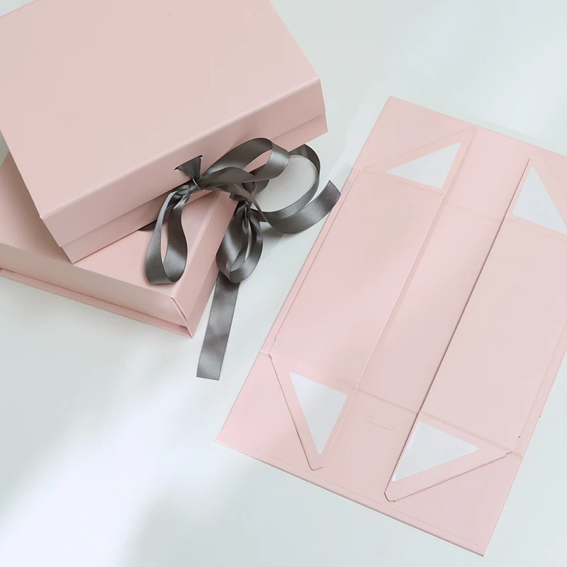 Luxury Custom Design Large pink Foldable Folding Paper Cardboard Gift Box Packaging with Ribbon
