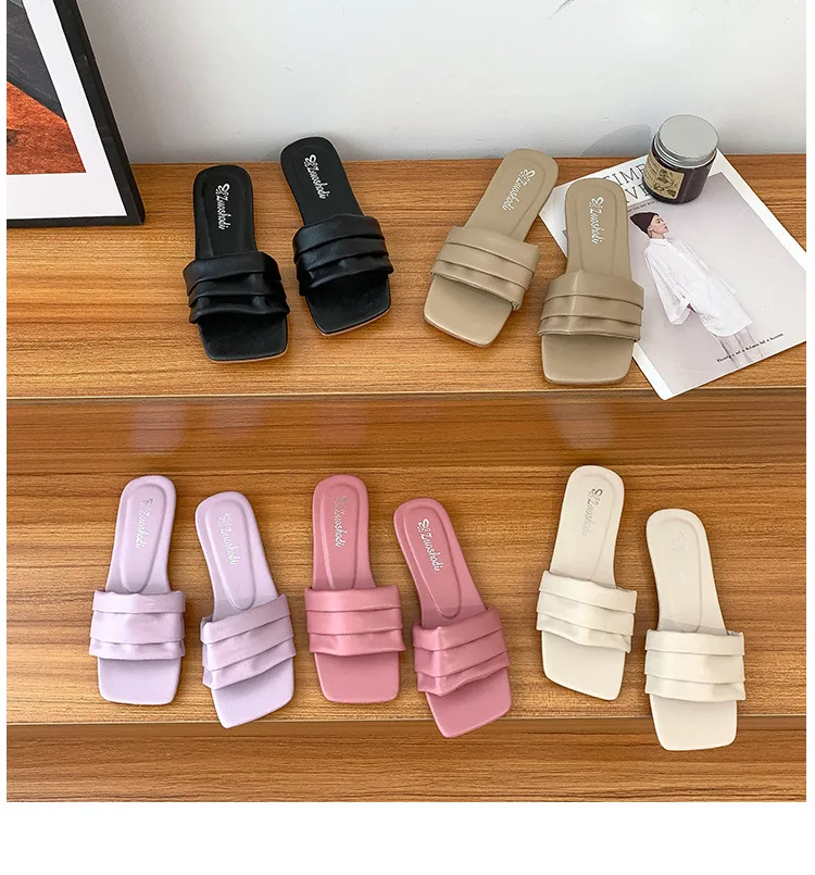 Solid color PU folding flat sandals slippers  W008