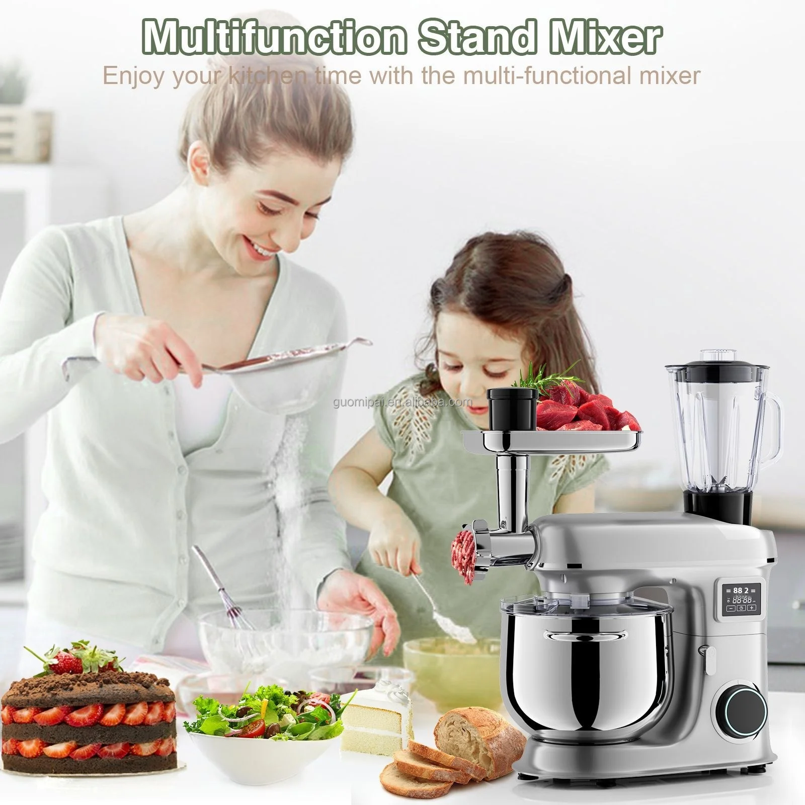 5 in 1 Kitchen Appliances OEM Multifunctional Impastatrice Electric Aid 8L Stainless Steel Mixing Bowl Meat Grinder Stand Mixer