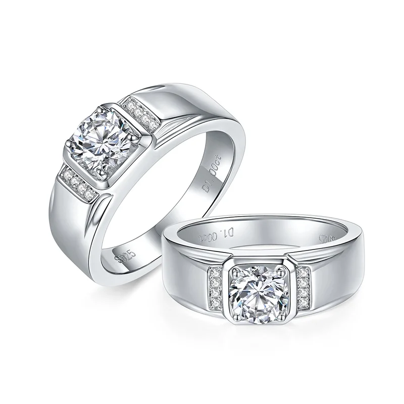 Fine Rhodium Plated Jewelry 925 Sterling Silver Wedding Ring 1CT Round Cut  VVS Moissanite Engagement Ring for Men