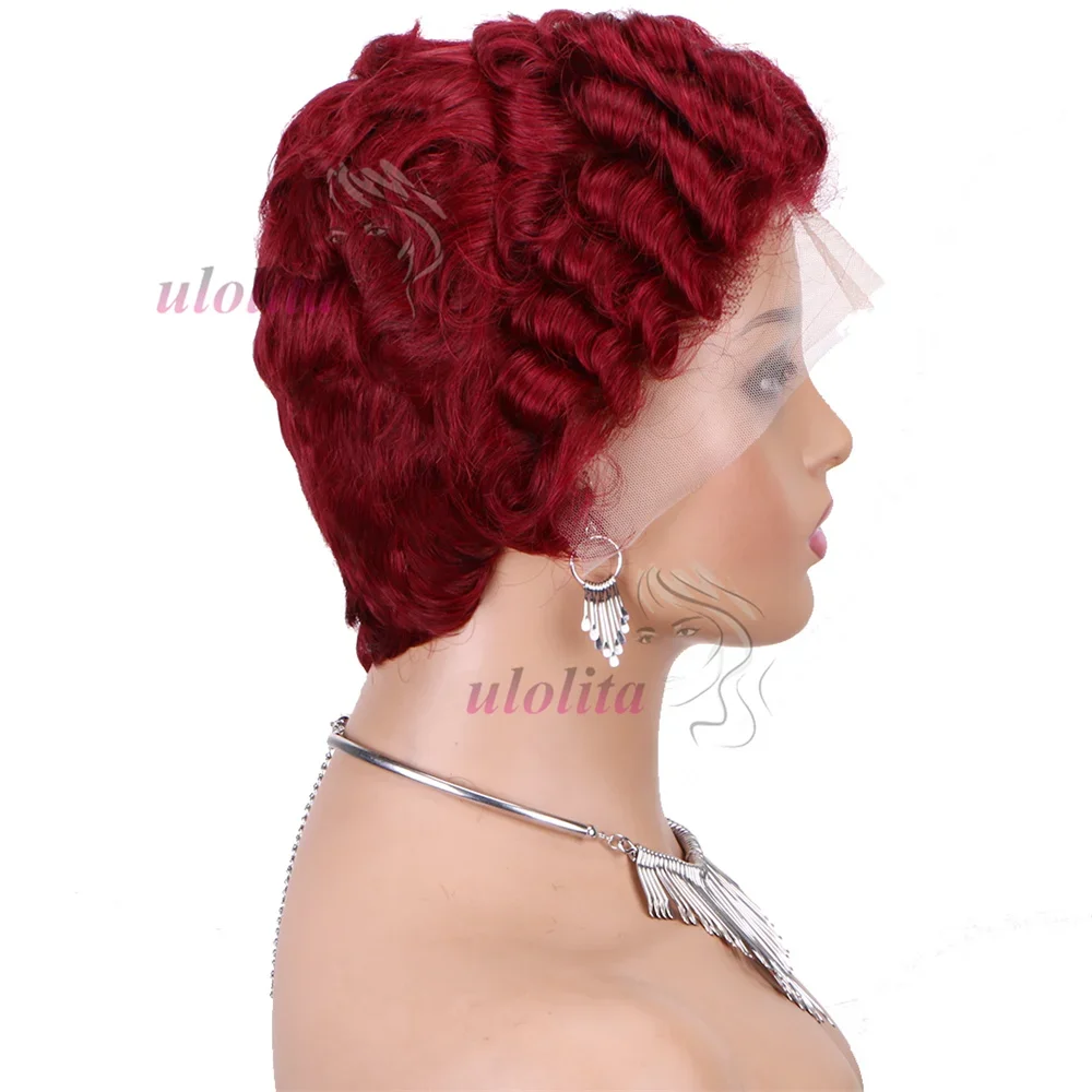 Burgundy 99J Red Color Lace Front Short Bob Wig Human Hair Pre Cut Loose Bouncy Wave Pixie Cut Frontal Wigs Preplucked_voghion.com