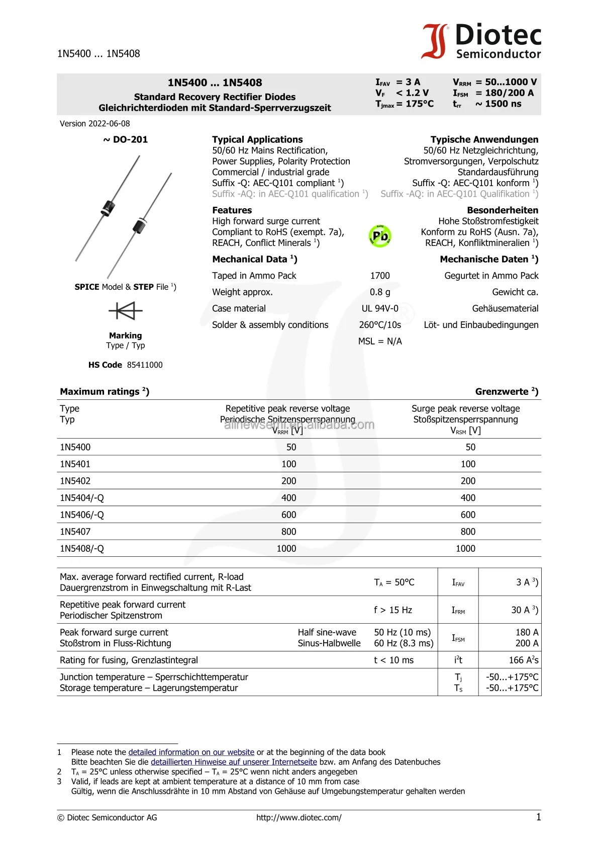 Hot sale Original 1N5408 Rectifiers Diode DO-20 1000V 3A Semiconductor 1.2 V 180 A Standard Recovery Rectifiers Diode