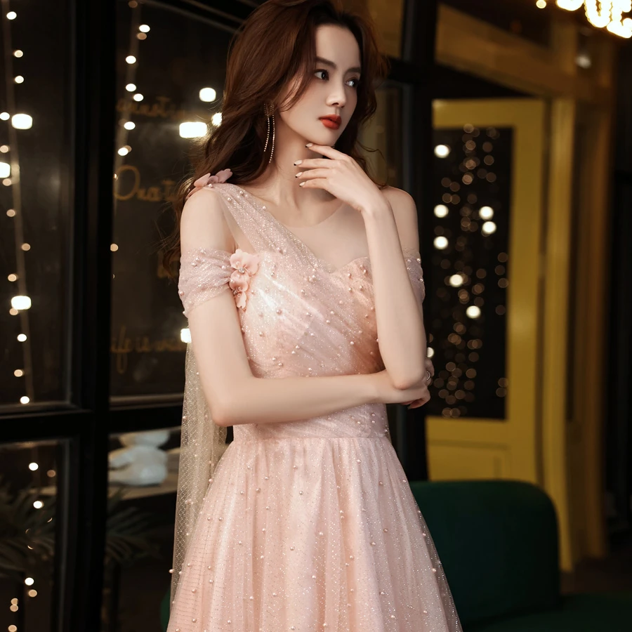 Sevintage Blush Prom Dresses 2021 Pleated Starry Tulle Long Evening Dress  A-Line Formal Party Gowns