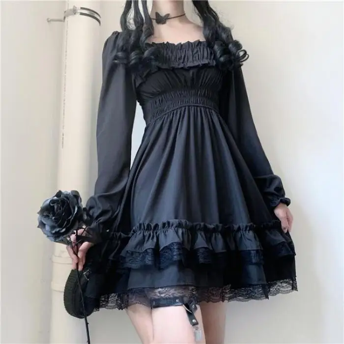 Dresses Princess Black Lolita Style Party Gothic Slash Puff Sleeve Lace Ruffles