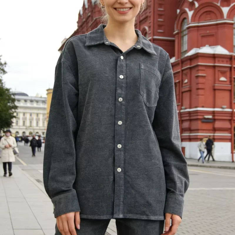 Washed Corduroy Button Down Shirt with Chest Pocket Oversized Long Sleeve Casual Top for Women