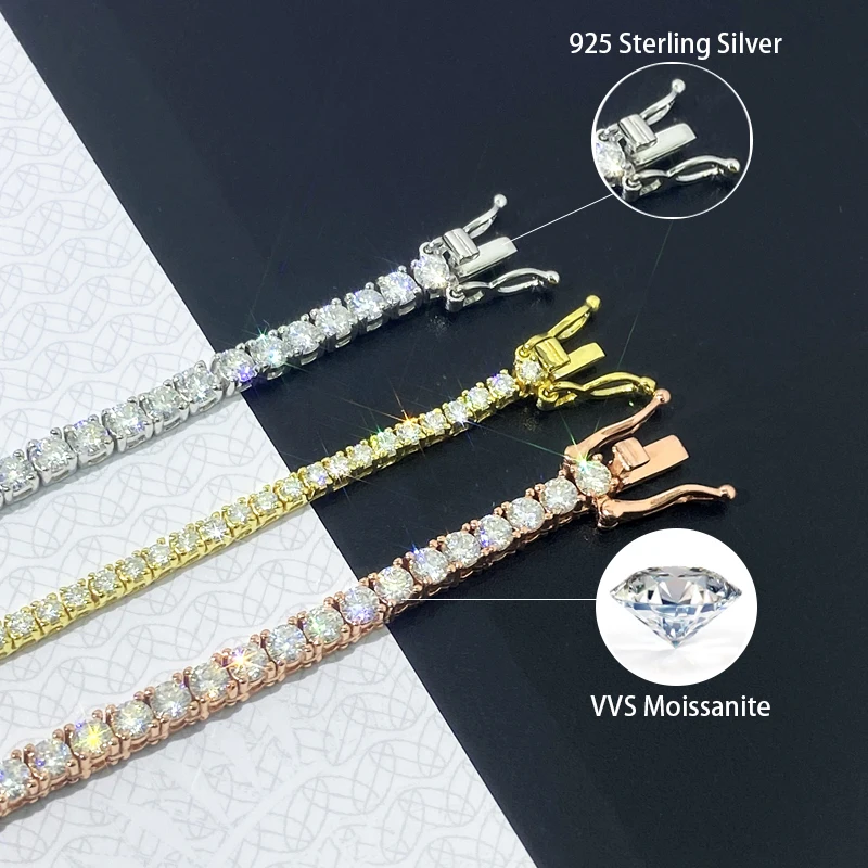 VVS モアサナイト テニスチェーン ネックレス 925シルバー 2mm-6.5mm