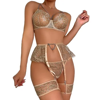 Erotic Mesh Lingerie Set with Lace Decoration Wholesale Supply Bra Panties Suspender Outfit
