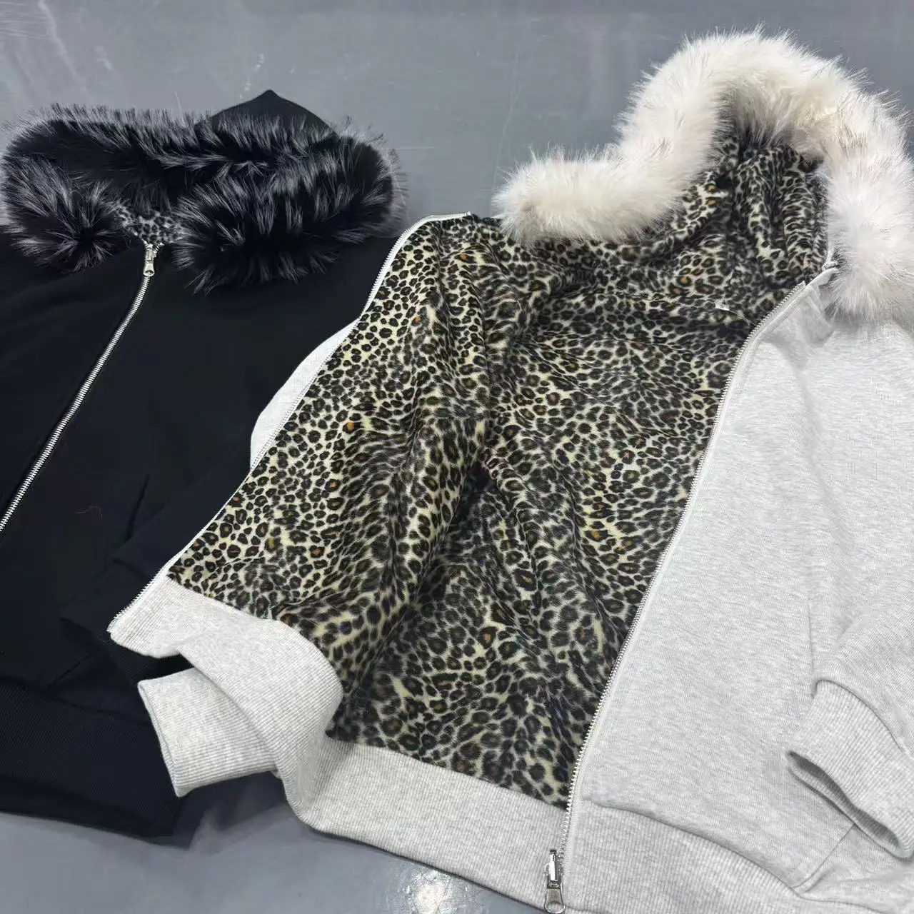 Custom Boxy French Terry Organic Cotton Double Zipper Blank Men's Vintage Zip up Hoodie With Faux Fur Detachable Faux Fur Hoodie gallery 2
