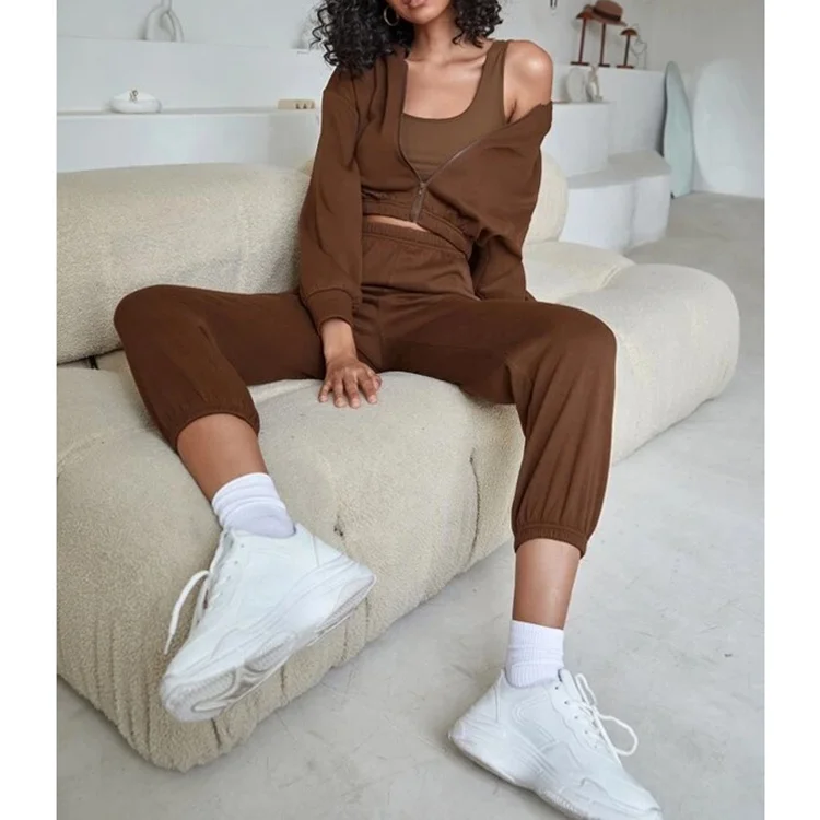 F230100 Custom Hoodies Solid Color Custom 3 Piece Crop Top Jogger Set 2025 Three Piece Zipper Hoodie Set Lounge Wear Sets Women