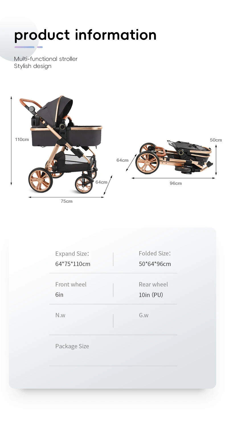 3-in-1 Baby Stroller Folding Infant Newborn Pram Stroller with Reversible Seat - Toddler Strollers for 0-36 Months