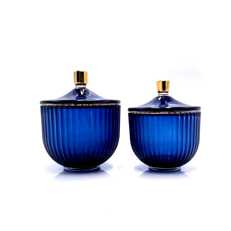 Retail RTS Indigo Empty Luxury Ribbed Jar Glass for Candles Candle Holders Lanterns Vessel
