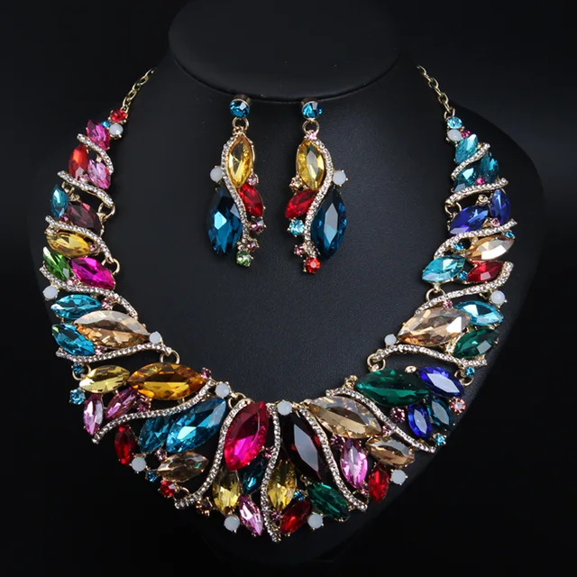 RS Wholesale High-quality Crystal Necklace Earrings Set Bridal Party Jewelry Women's Accessories