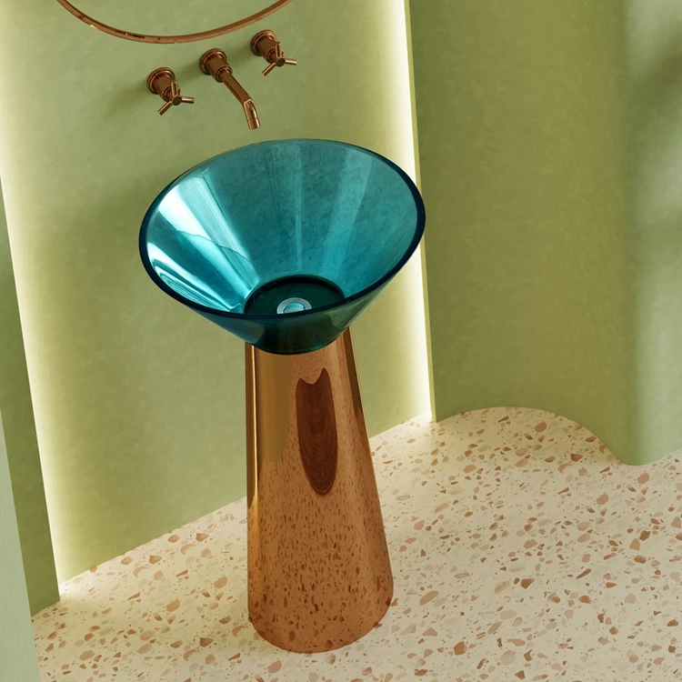 Funnel Shaped Blue Translucent Resin Basin and Rose Gold Stainless Steel Pedestal Combination Freestanding Bathroom Wash Basin