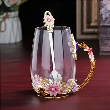 Hot sale Floral Glass Tea Cups Tea Cup with Spoon Set Flower Glass Tea Cup Coffee Mug