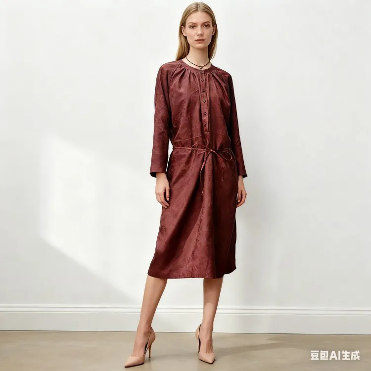 Burgundy Ramie Loose Waist-Tie Pullover Dress - Retro Elegant Mid-Length Office & Casual Dress