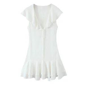 Solid Pattern V Neck Summer Mini Dress for Women White Color Front Lace Sleeveless Casual Fashion Dresses Women Custom