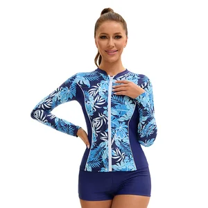 Europe United States Women's High-Waist Three-Piece Swimsuit Long Sleeve V-neck Underwire Breathable Conservative Look Bikini