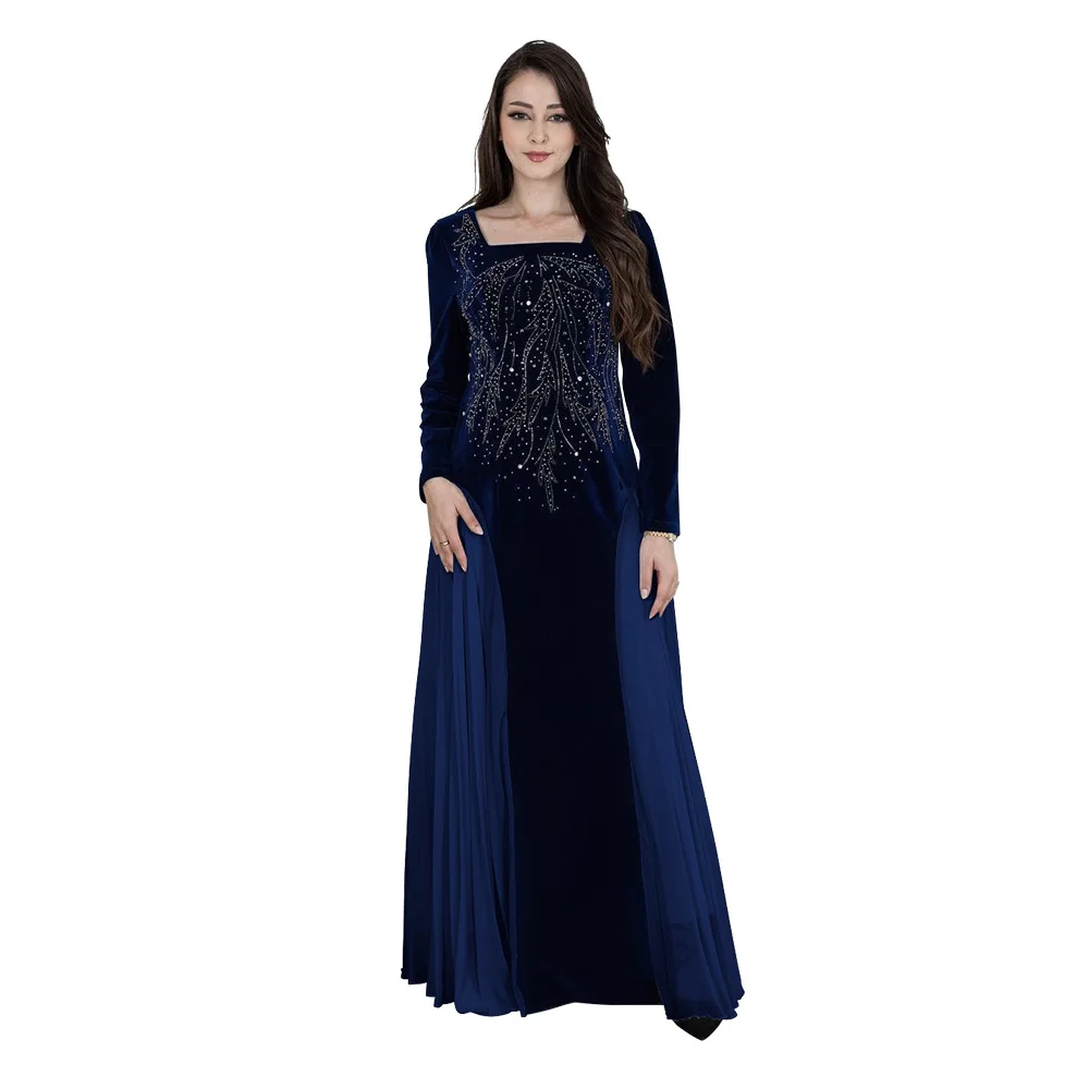 Modest Winter Elegant Velvet Banquet Evening Party Dress Premium Solid Color Long Sleeves Maxi Dresses For Women Hs025
